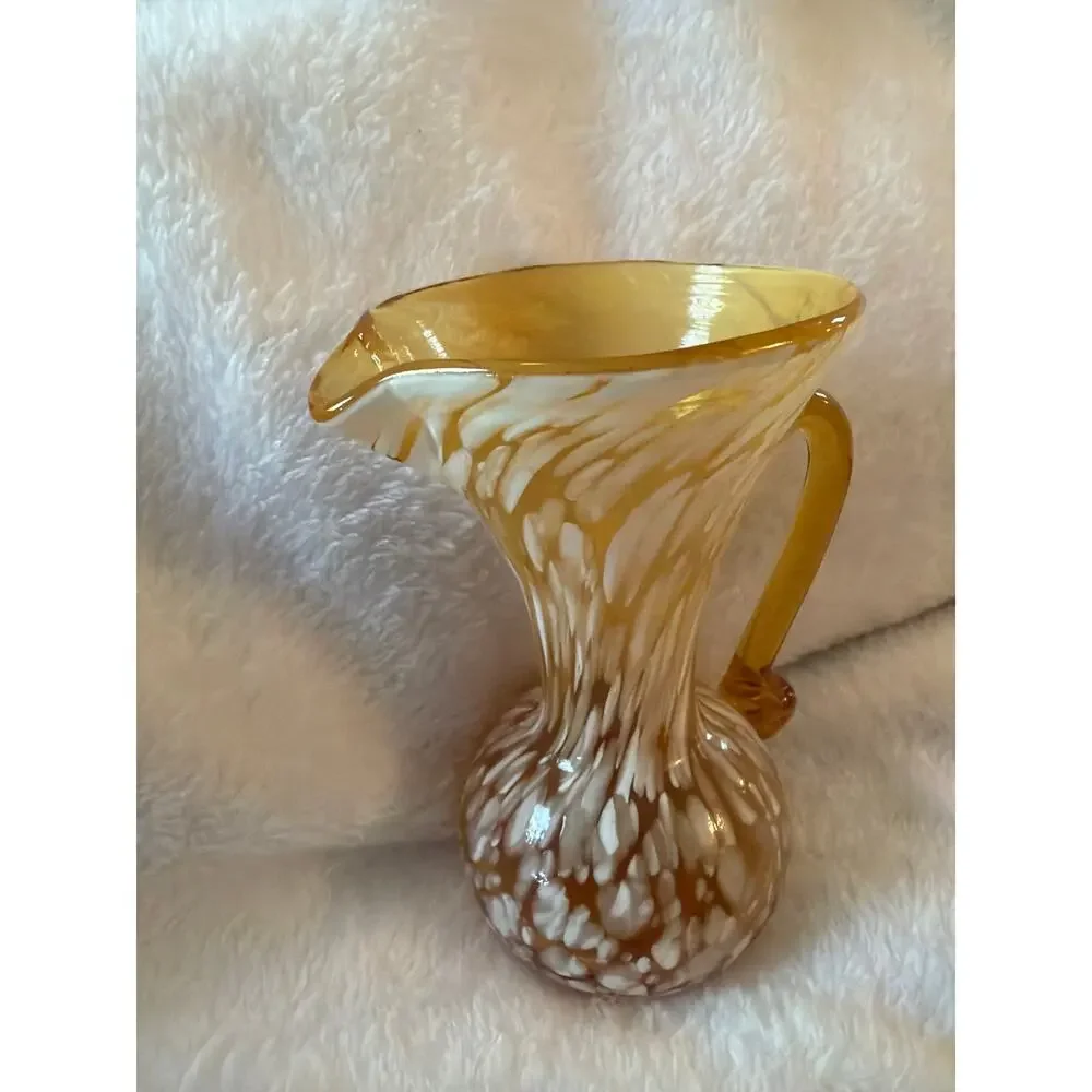 Vintage Amber White Spatter Cased Art Glass Pitcher Applied Handle Vase Jug 6